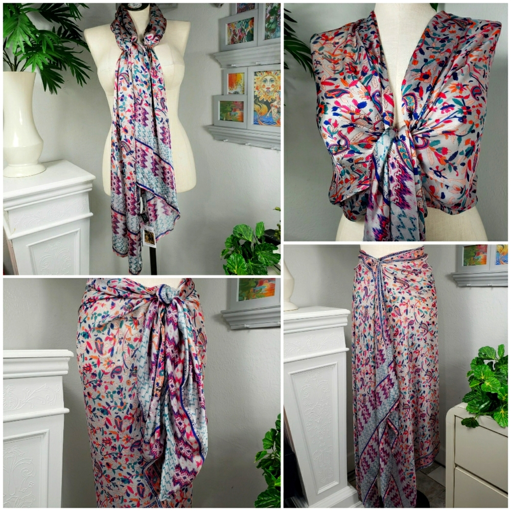 Silk Coverup Sarang Wrap - Abstract Floral Feminine Bohemian Beach Coastal 76x36